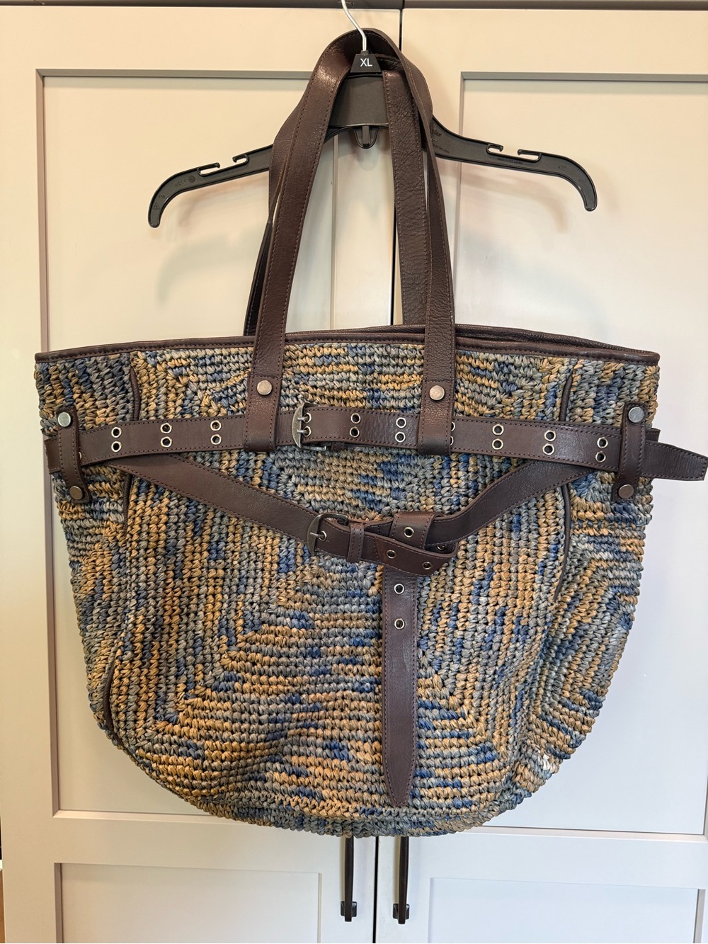 We The Free Preslyn Raffia Multicolor Woven Tote with Brown Leather Trim